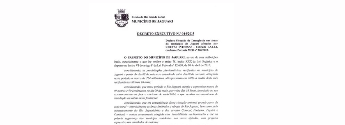 PREFEITURA DE JAGUARI DECRETA SITUAÇÃO DE EMERGÊNCIA