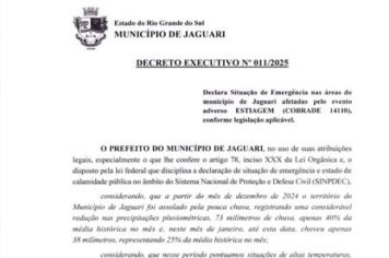 SITUAÇÃO DE EMERGÊNCIA DECRETADA EM JAGUARI