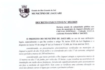 JAGUARI DECRETA ESTADO DE CALAMIDADE PÚBLICA DEVIDO ÀS CHEIAS