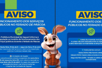 AVISO – FUNCIONAMENTO DOS SERVIÇOS PÚBLICOS NO FERIADO DE PÁSCOA