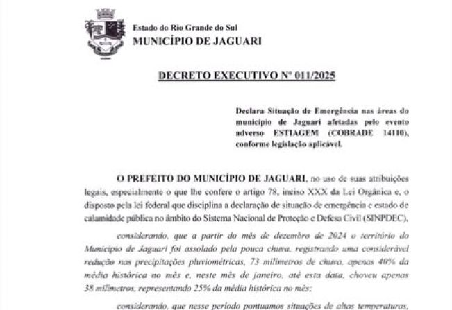 SITUAÇÃO DE EMERGÊNCIA DECRETADA EM JAGUARI