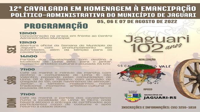 VEM AÍ A 12ª CAVALGADA MUNICIPAL EM HOMENAGEM A EMANCIPAÇÃO POLÍTICO-ADMINISTRATIVA DO MUNICÍPIO DE JAGUARI