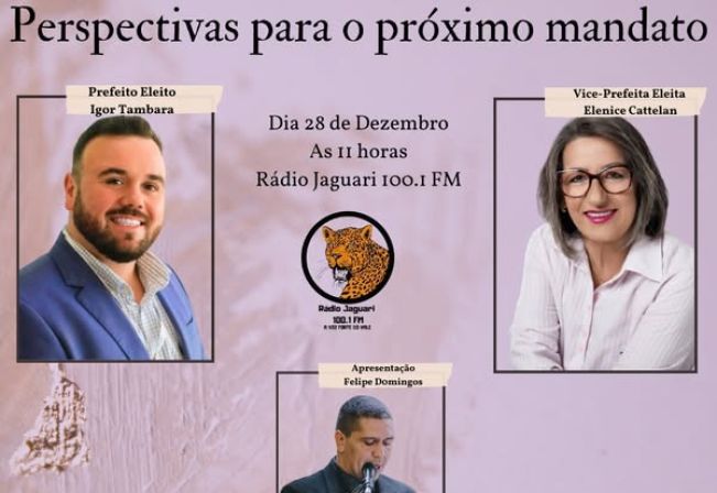 PREFEITO E VICE-PREFEITA ELEITOS DE JAGUARI FALAM SOBRE O FUTURO DA CIDADE EM PROGRAMA AO VIVO NA RÁDIO JAGUARI FM