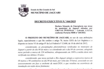 PREFEITURA DE JAGUARI DECRETA SITUAÇÃO DE EMERGÊNCIA