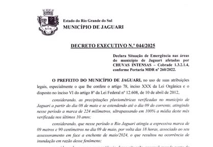 PREFEITURA DE JAGUARI DECRETA SITUAÇÃO DE EMERGÊNCIA